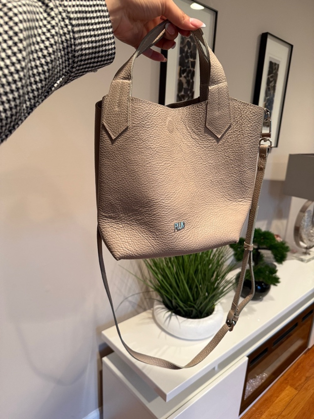 PLUM Taupe Leather small Tote Crossbody Bag